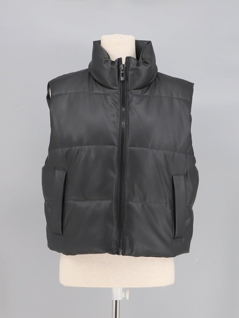 ZARA Black Faux Leather High Neck Full Zip Puffer Vest Size M